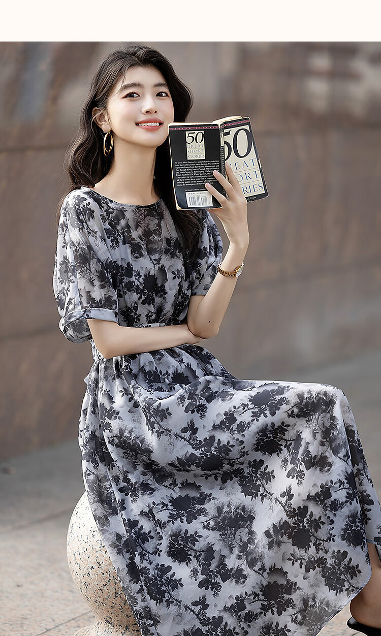 Dme [Retro Straight-Spray Ink Floral Print] Summer French Round Neck Drop-Shoulder Waist-Cinching Tie-Waist Women's Dress 12