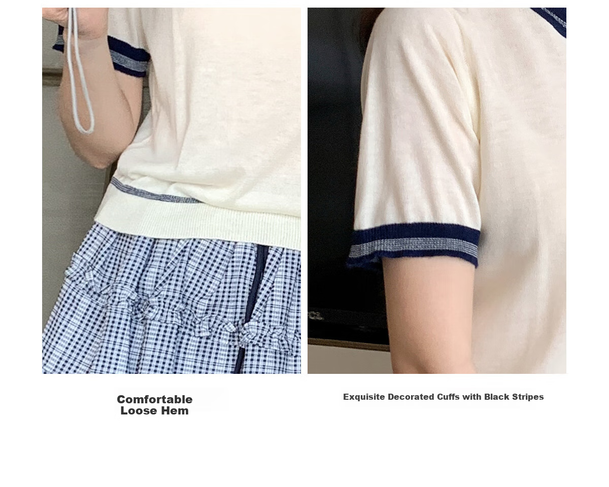 Halo Queen Knitted Short-Sleeve T-Shirt for Women, Round Neck, Contrasting Colors, Fashionable Slimming Top, Contains Wool And Silk, Comfortable Fabric, H52T032 9