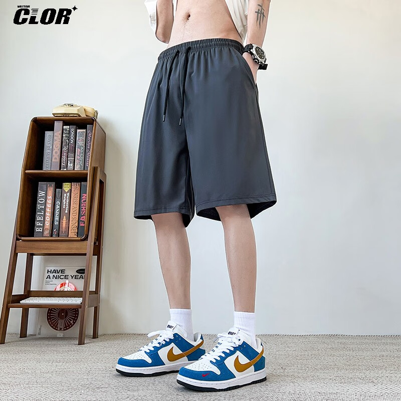 CLOR Men's Shorts, Summer Wear, Ice Silk Quick-Dry, Knee-Length Pants, Loose Straight-Leg, Athletic Thin Casual Pants, WXCG01, Dark Gray, Size L