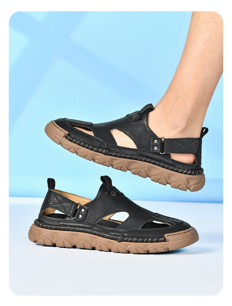 Guizhibu Summer Breathable Sandals, Non-Slip Sports Casual Closed-Toe Beach Shoes, Light Luxury Leather Sandals G1101 Light Brown 39 1