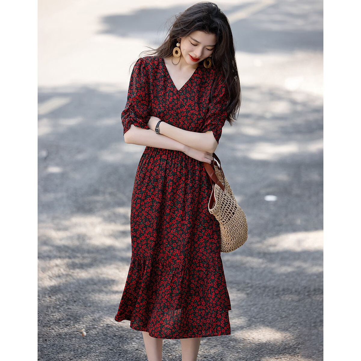 Demana [Passionate French Style] Summer Lightweight Chiffon Printed V-Neck Short Sleeve Waist-Cinched Ruffle Hem Elegant Women's Dress