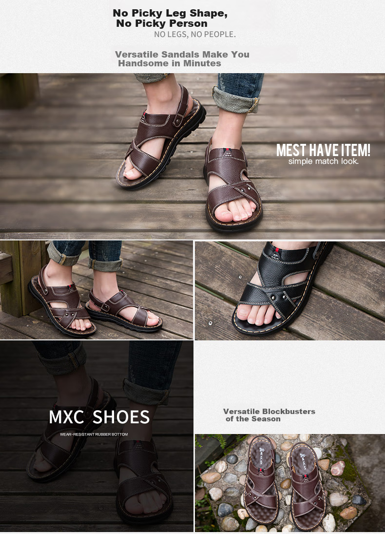 MEXICAN Top-Grain Leather Sandals for Men, Beach Shoes, Men's Slippers, Hollow-Out Casual Men's Shoes, Black, Size 43 3