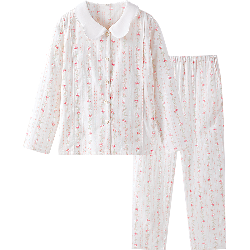 Ying's Maternity Postpartum Set Autumn New 10A Antibacterial Double-layer Cotton Gauze Nursing Pajamas Homewear Pink XL