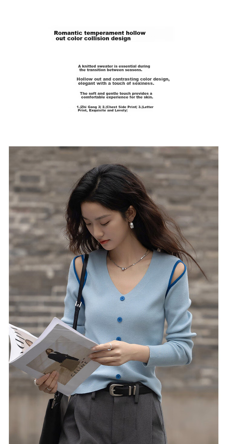 Dme [Light Oxygen Sea Salt] Spring Korean Style Hollow-Out Contrasting Color V-Neck Sweater, High-Elasticity Comfortable Long-Sleeve Knit Top for Wome 1