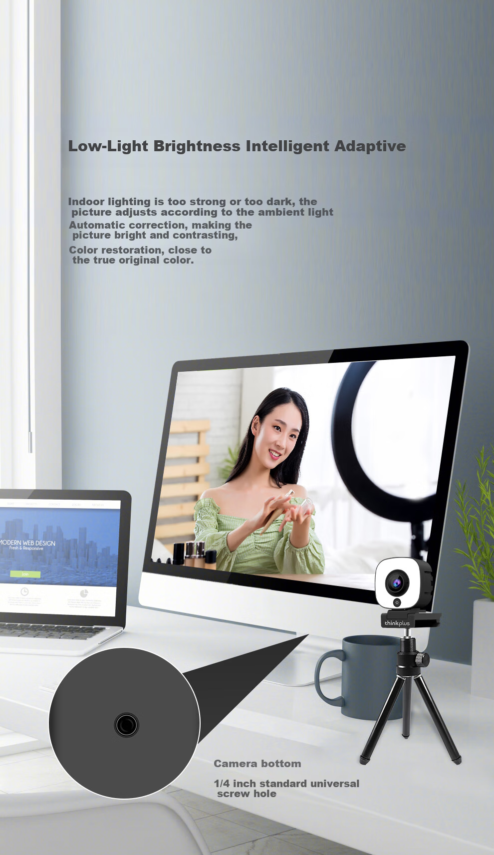 Lenovo ThinkPlus Computer Webcam, 4K HD Auto Focus, Dual Microphones, Plug-And Three-Level Soft Light Beauty Mode, Live Streaming, E-Commerce, Online Classes And Meetings Webcam WL58A 11