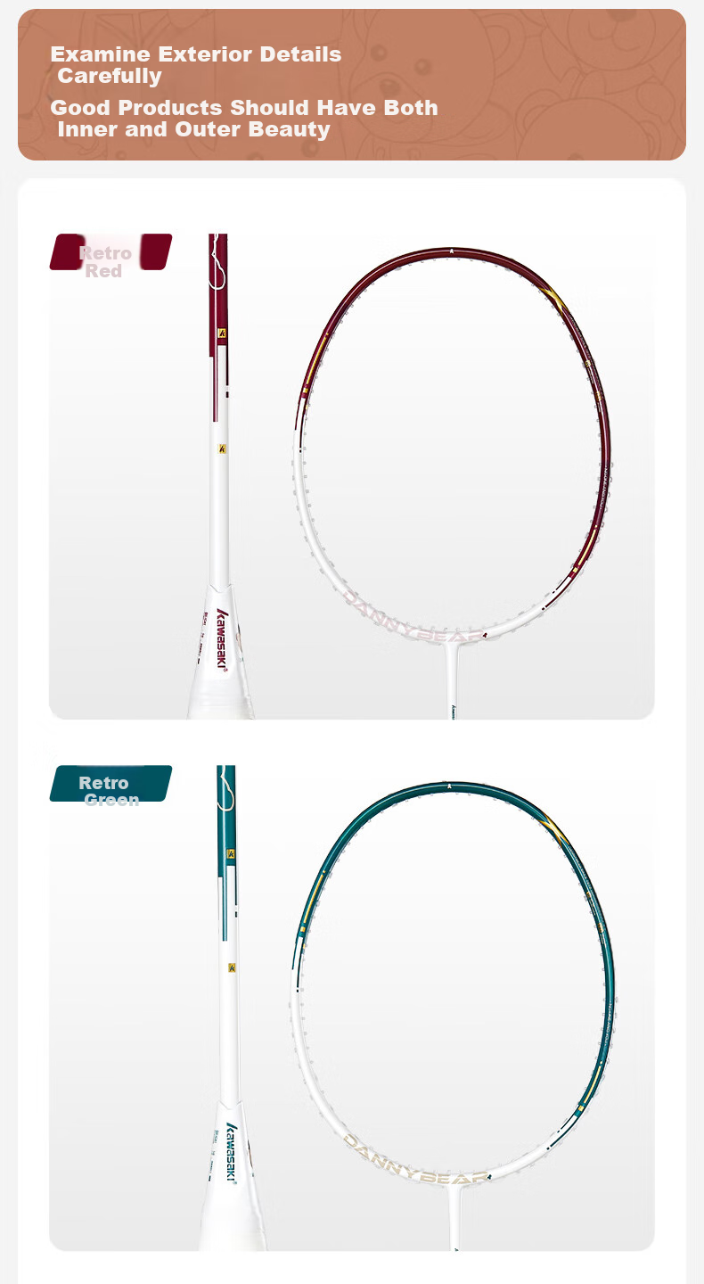 KAWASAKI Badminton Racket, Full Carbon Single Racket, 5U Ultra-Light Offensive Type, Danni Bear Co-Branded Edition, Vintage Green (Pre-Strung) 7