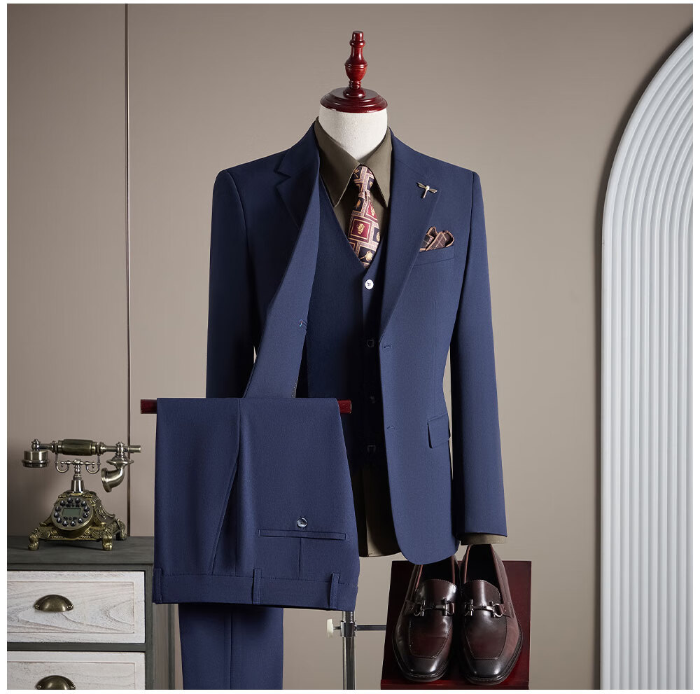ROMON Men's Business Suit Set Blazer + Vest + Trousers Dark Blue M 12