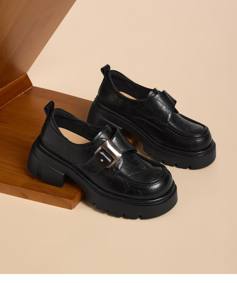 St&Sat Fleece-Lined Loafers for Women 2025 New Winter Warmth Small Size Height Increase British Style Comfortable Versatile Black Leather Shoes 12