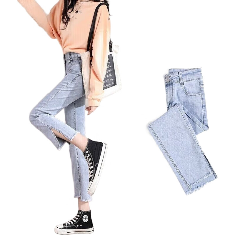 Джинсы JEANSWEST женские, модель 5810, осенняя коллекция 2025, высокая посадка, зауженные, девятиточечные, с боковым разрезом, светло-голубые, размер L