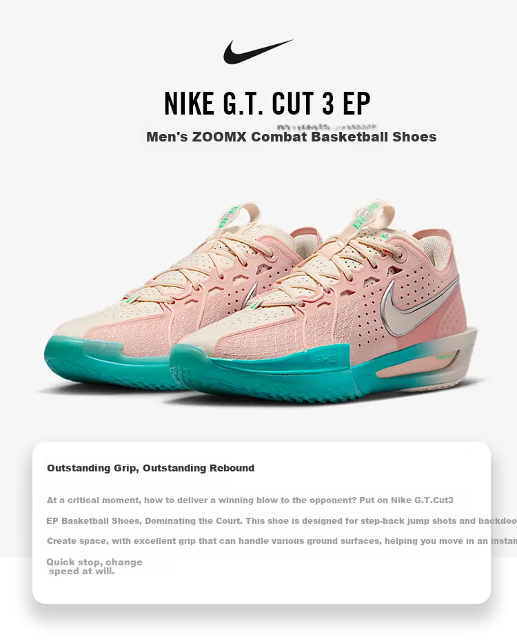 NIKE Men's Basketball Shoes G.T. CUT 3 Sneakers DV2918-601, Pink And Green, Size 41 1