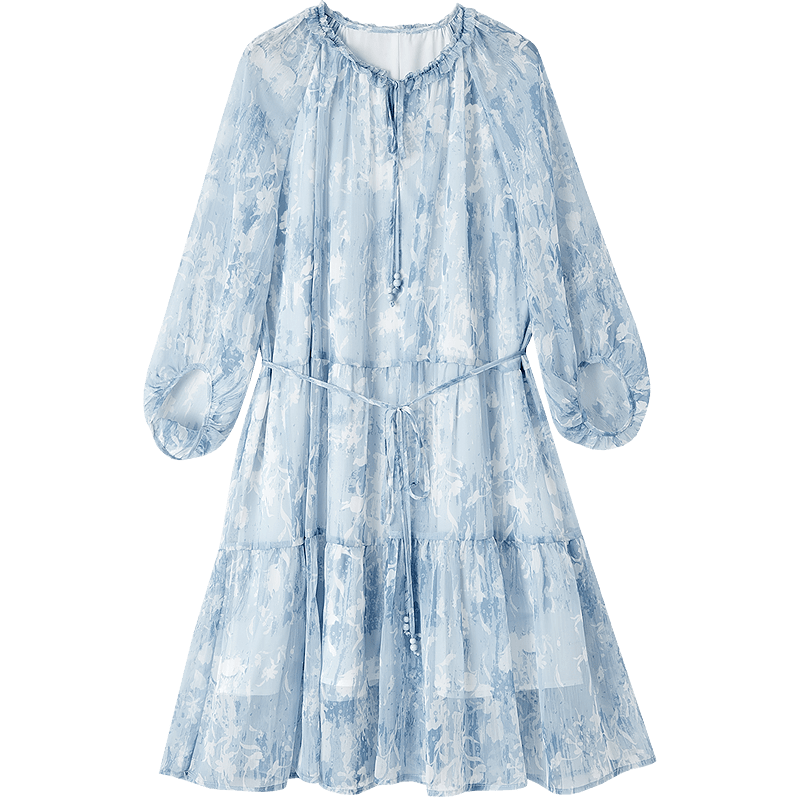 Demana Elegant Lightweight French Style Printed Tie-Waist Loose A-Line Petite Women's Summer Dress