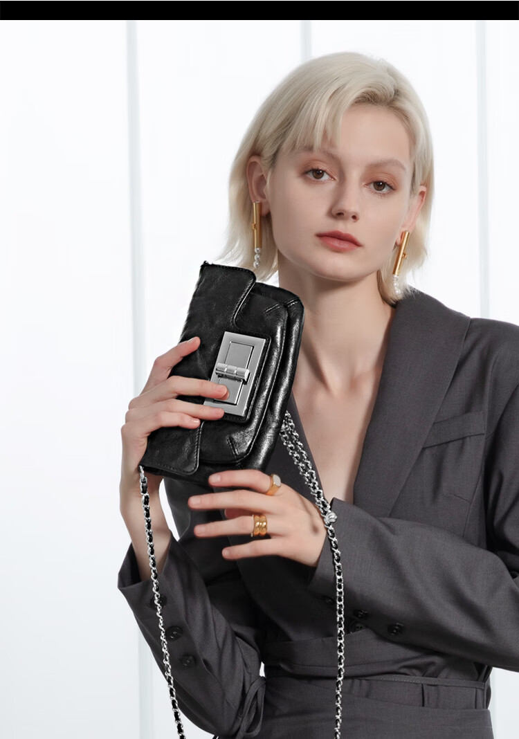 Mood Top-Grain Leather Chain Bag for Women, Black Small Square Bag, Autumn/winter Commuter Shoulder Crossbody Bag, Light Luxury Women's Handbag 2