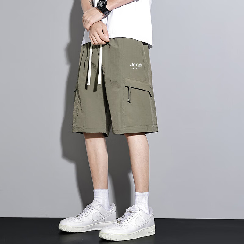 JEEP SPIRIT Men's Summer Thin Ice Silk Cargo Shorts Trendy Casual Five-Point Pants Black L