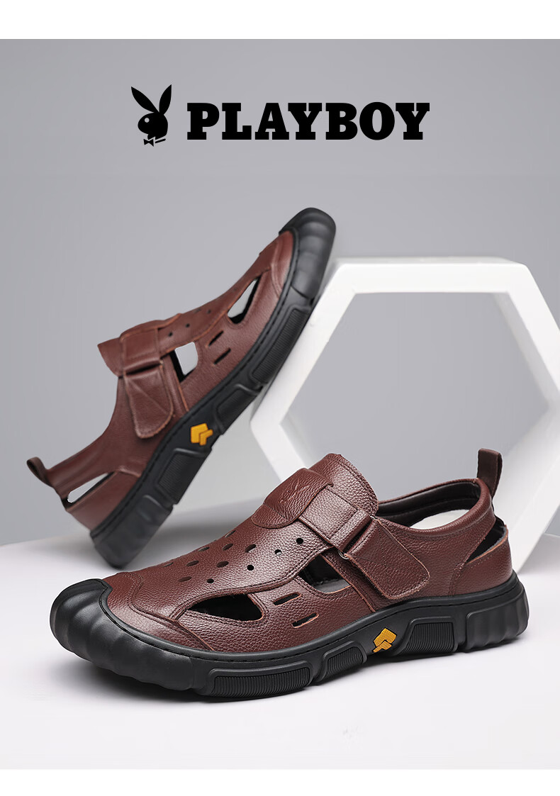 Playboy Men's First Layer Cowhide Hollowed Out Sandals Open Toe Genuine Leather Business Middle-aged and Elderly Dad Sandals Black Size 42 9