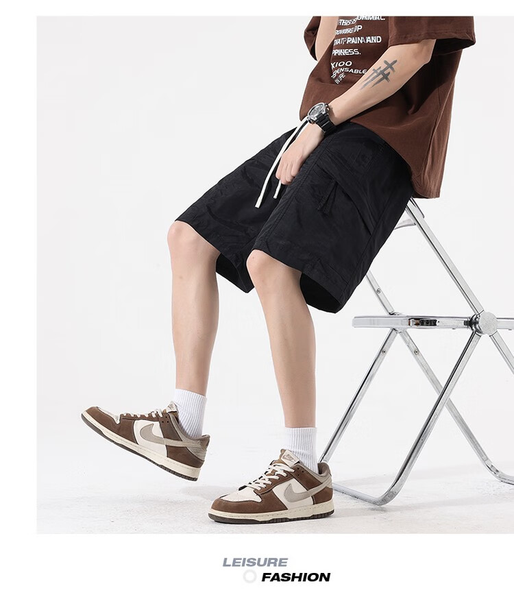 CLOR Men's Cargo Shorts, Summer Ice Silk Thin American-Style Loose-Fit Sports Five-Point Pants, Straight-Leg Pants MYY01 Black L 3