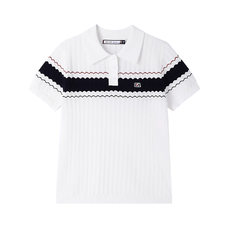 ELLE ACTIVE Fashion Contrasting Color Polo Shirt for Women, Knitted Collar Elegant Commuter Slimming Short-Sleeve T-Shirt Women's Top, White, XL