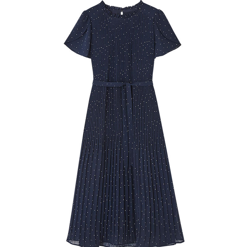 Demana Watermark Polka Dot Print Summer Elegant Gradient Pleated Ruffle Sleeve Tie Waist Flowing Mid-Length Women's Dress