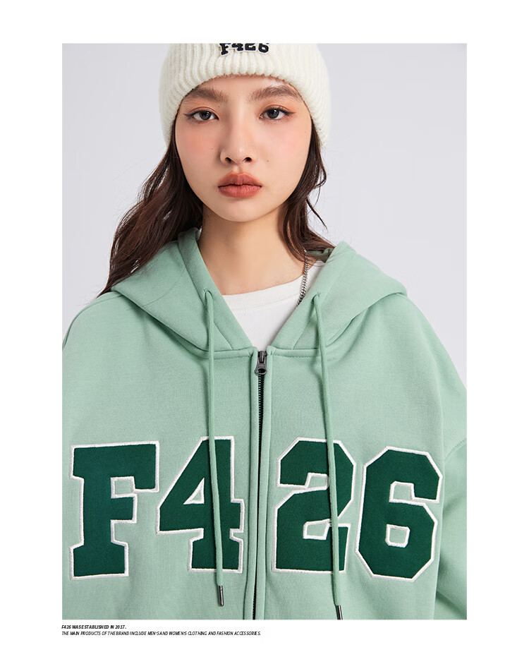 F426 Self-Operated Store National Trend Autumn Loose Versatile Couple Style Patchwork Embroidery Large LOGO Cardigan Sweatshirt Jacket, Light Green, L 10