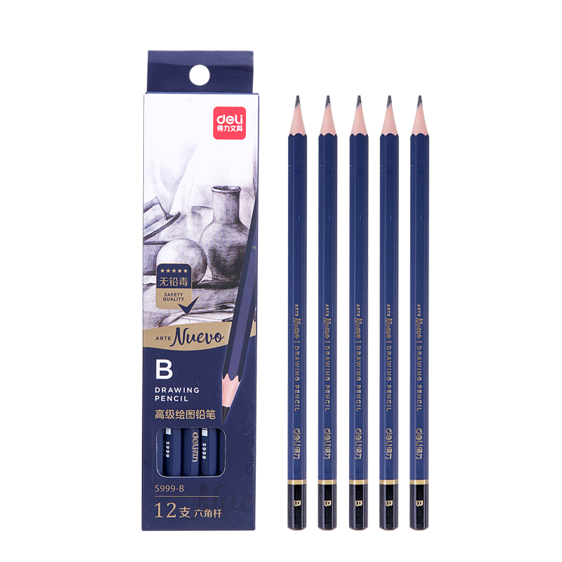 Deli Premium Drawing Pencils, 12 Pieces, B Sketch Pencils, Hexagonal Shaft Writing Black Pencils for Students, Art Sketching Engineering Drawing Pencils, Specialized for Beginners, Back-To Stationery
