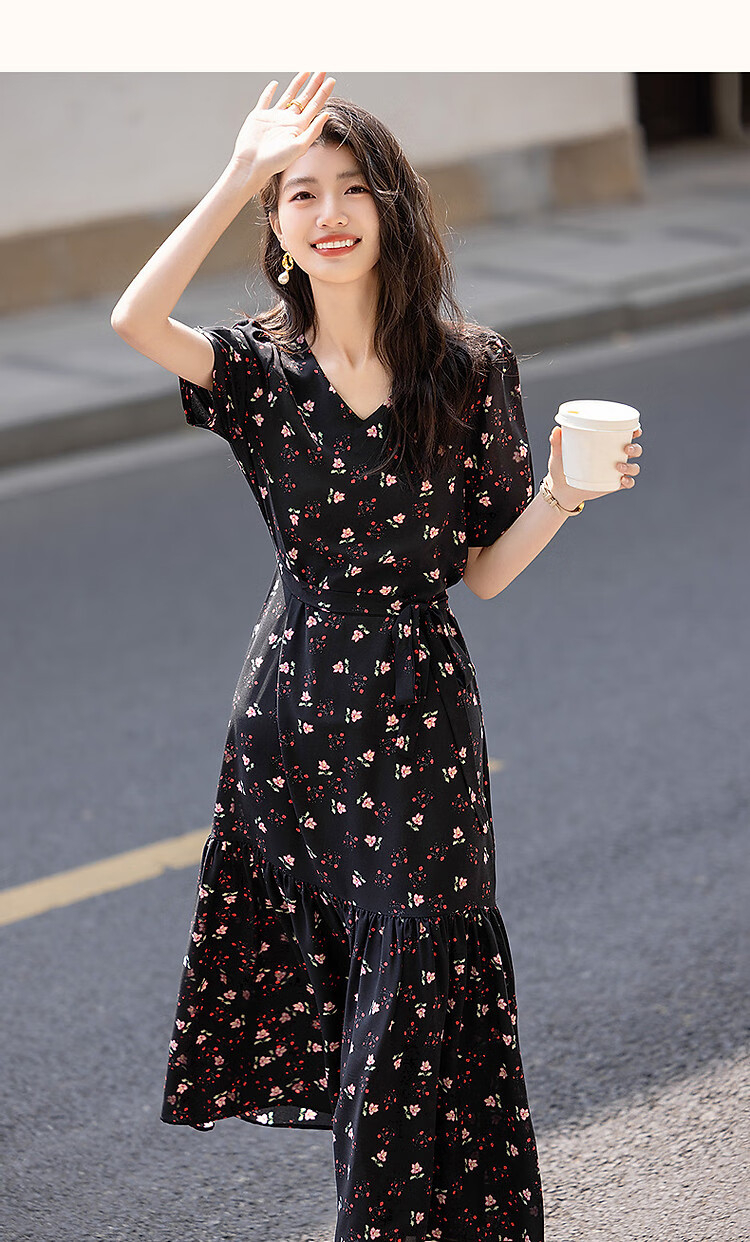 Dme [Jiweini Garden] Summer Sweet Style Round Neck Floral Print Waistless A-Line Dress for Petite Wome 9