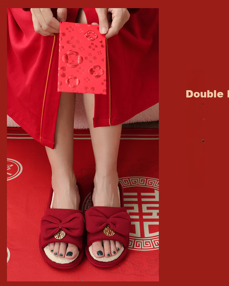 FOOTOPPO Couple's Wedding Linen Red Slippers, New Bride Red Wedding Shoes, Women's Summer Bright Red Pure Linen Soft-Soled Slippers, Men's Slippers 9