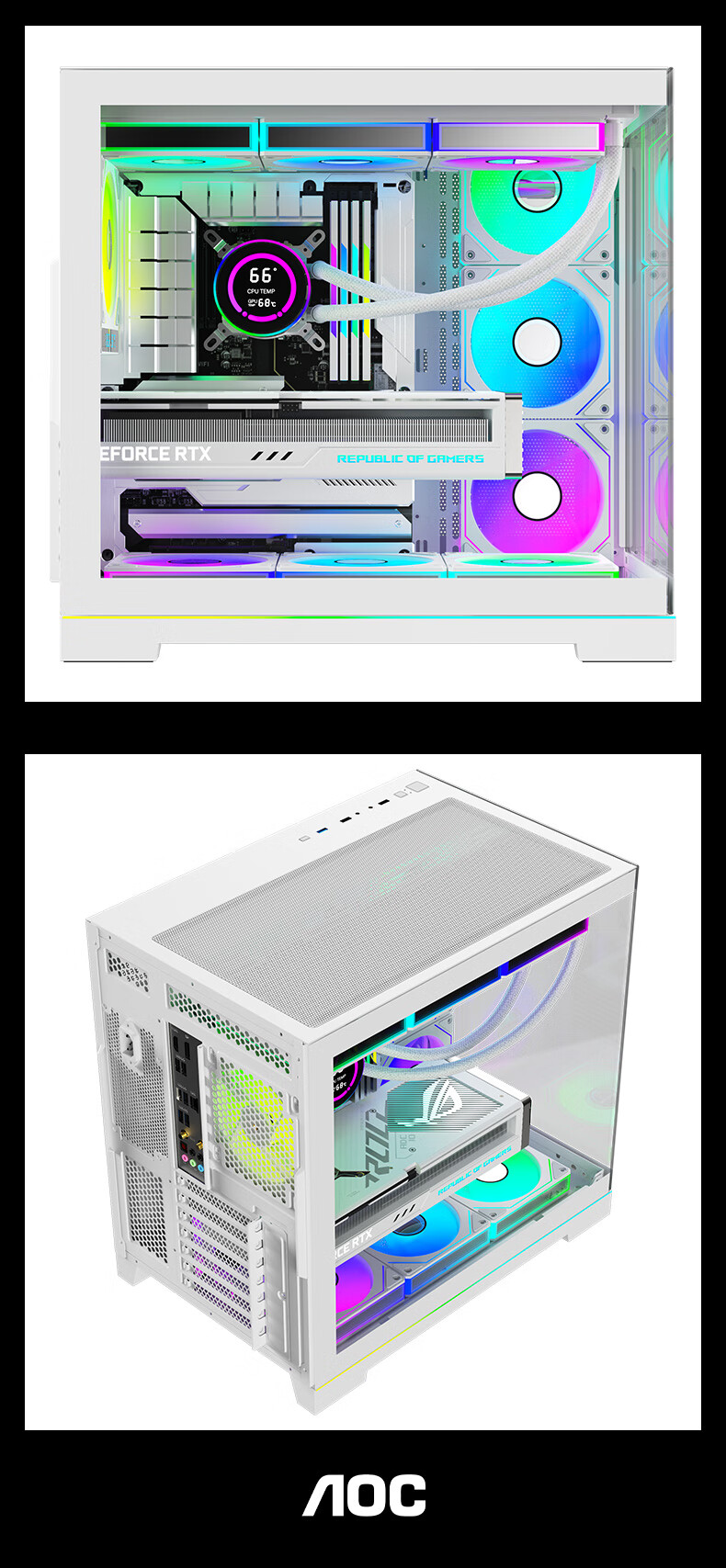 AOC ACG800W White Ultra-Competitive Seaside View Case, ARGB Light Bar, Supports ATX Motherboard, Graphics Card Limited to 410mm, Compatible with 360mm Water Cooling, Left And Right Compartments, 10 Fan Positions 2