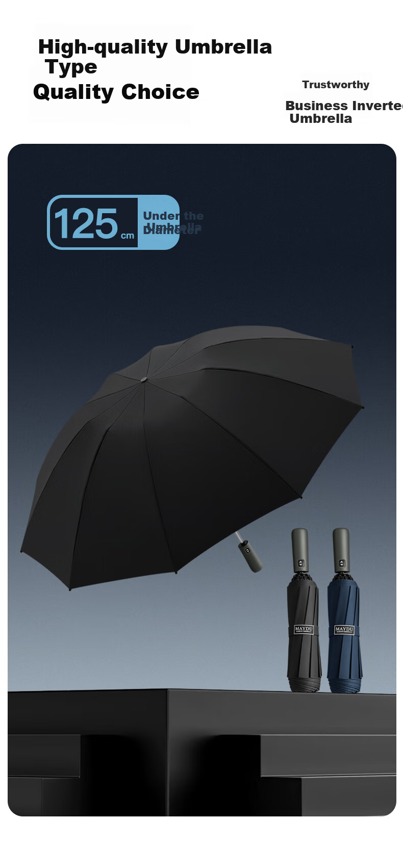 MAYDU 125cm Fully Automatic Reverse Umbrella Folding, Men's Business Umbrella for Sun And Rain, Enlarged Double-Fold Umbrella M3063, Black Aluminum Alloy Reinforced Windproof, One-Button Open/Close, High-Quality 7