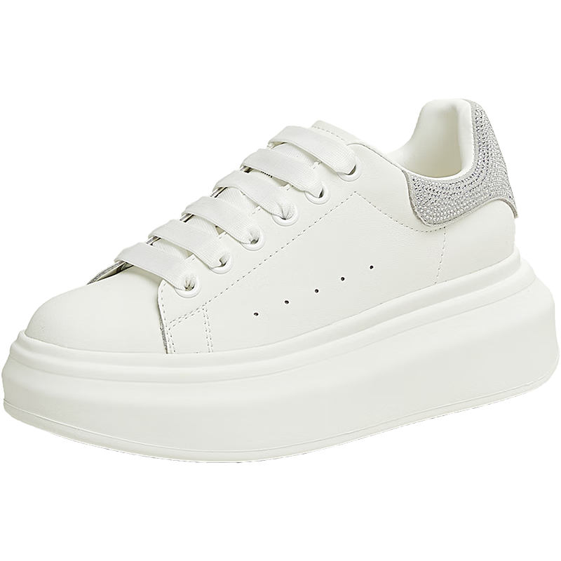 TATA Women's Shoes, Cream Bubble Thick-Soled Shoes, White Sneakers, Breathable Casual Skateboard Shoes, White/silver, Size 35