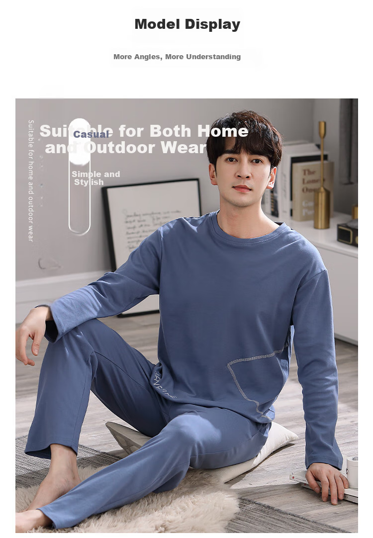 LangSha [100% Cotton] Men's Pajamas, Spring And Summer Simple Loose Comfortable Round Neck Pullover Loungewear Set, Suitable for Outdoor Wear 19