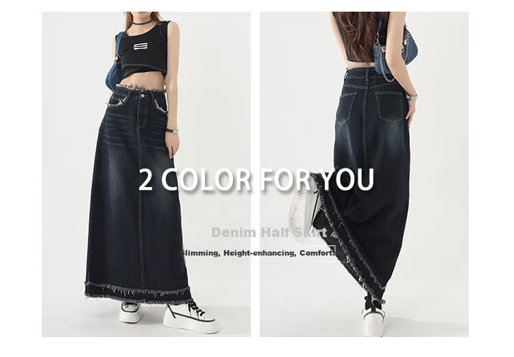 JEANSWEST Denim Skirt for Women, 2024 Autumn Vintage Style, Petite French A-Line Slimming Design, Dark Blue, Size S 2