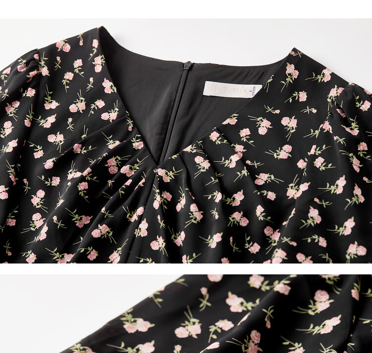 Sentubila V-Neck Trumpet Sleeve Floral Print Dress for Women, Summer Waist-Cinching Slimming A-Line Floral Dress, Romantic Mid-Length Dress with Rose Patter 20