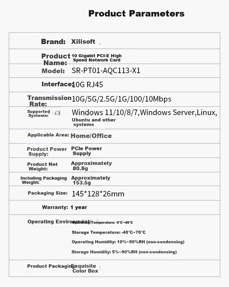 Xiliweishi 10G Gigabit Ethernet Card PCI-E Wired Desktop Computer NAS Server Gaming Ethernet Network RJ45 Port High-Speed Expansion Card AQC113-X1 6