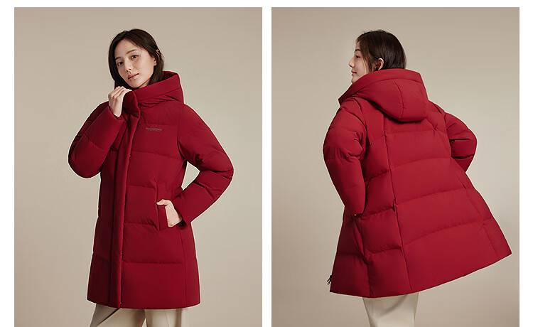 BOSIDENG Women's 25-Year 90% Down Thickened Hooded Loose Mid-Length Winter Coat in New Year Red 3