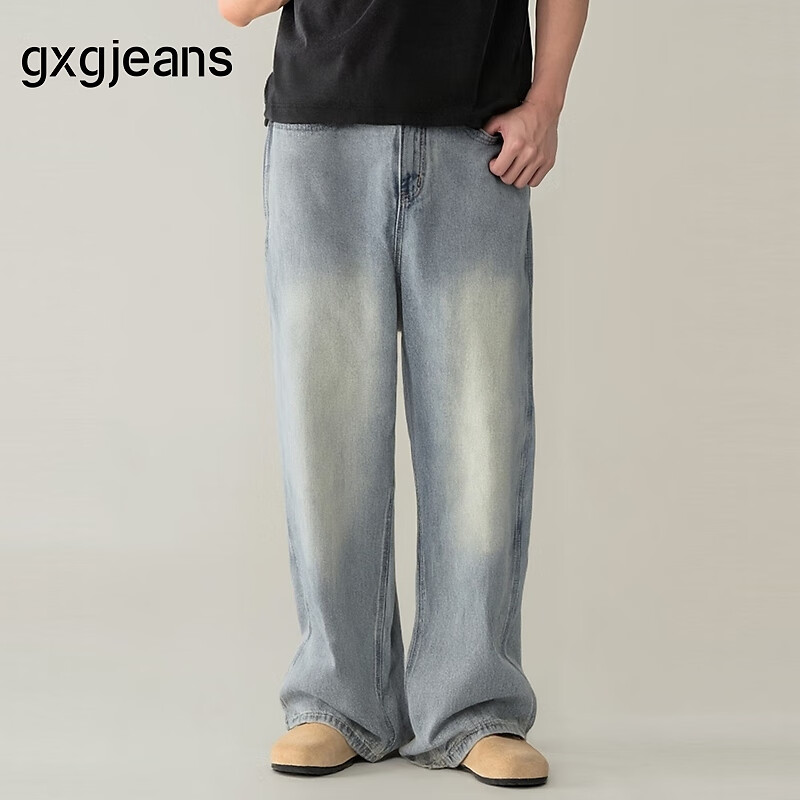 Gxgjeans Men's Fashion Retro Washed Loose Denim Jeans, New for Summer 2025, Denim Blue, 180/XL