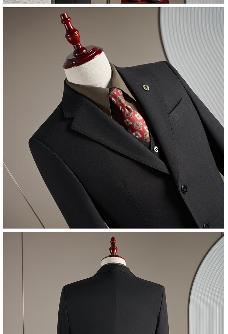 ROMON Men's Slim Fit Wool Suit Set with Blazer, Vest, and Trousers, Black, 3XL 3