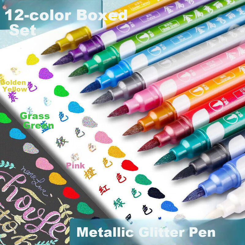 Jinzhi 12-Color Metal Highlighters, Greeting Card Gold-Plated Highlighters, Shiny Pearl Markers for Journaling, Watercolor Glitter DIY Dual-Tip Fluorescent Highlighters, Colored Paint Markers