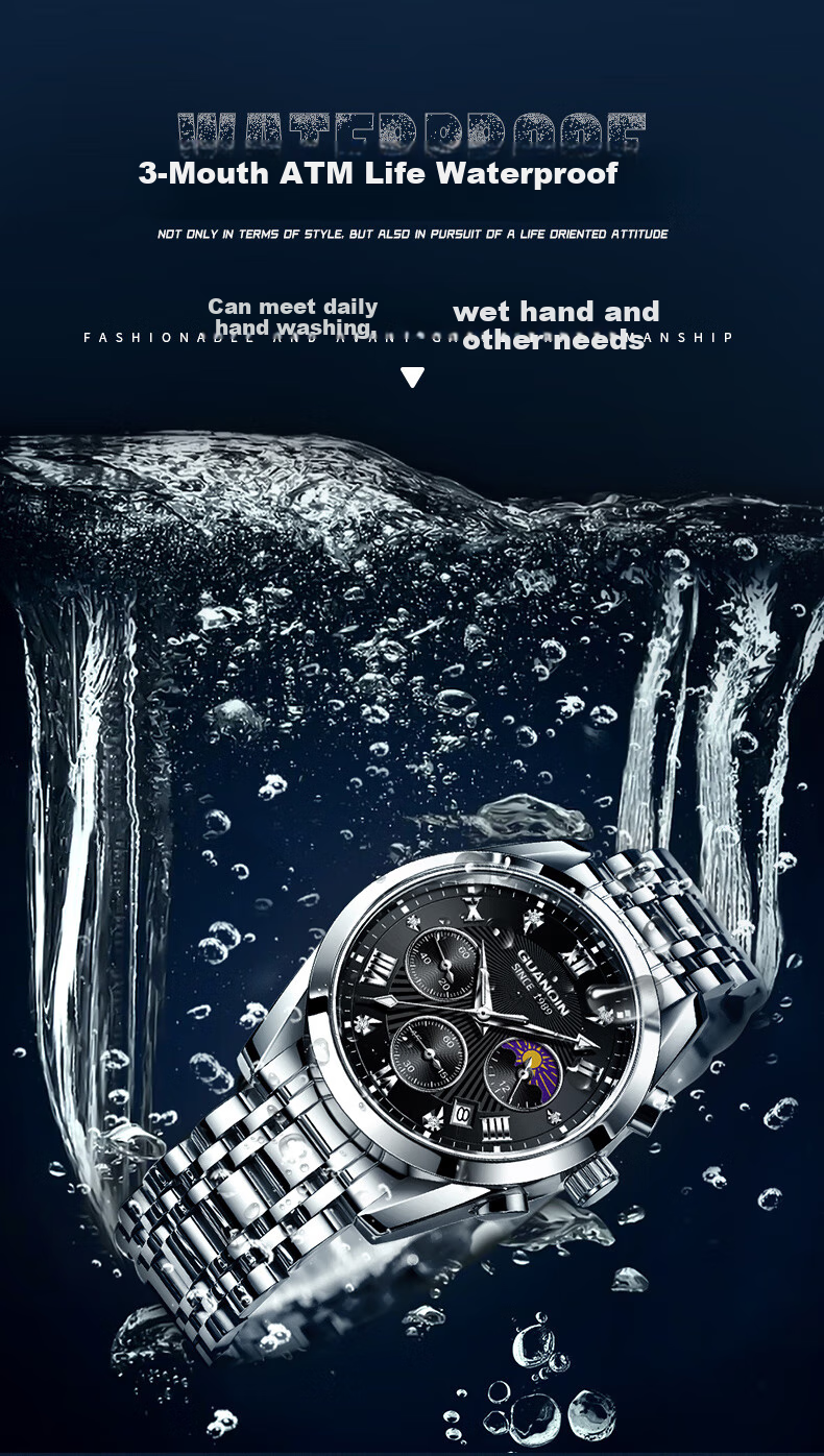 GUANQIN Men's Mechanical-Style Fashion Wristwatch, Swiss Quality Men's Watch, Waterproof Fully Automatic Multifunctional Brand National Watch 11