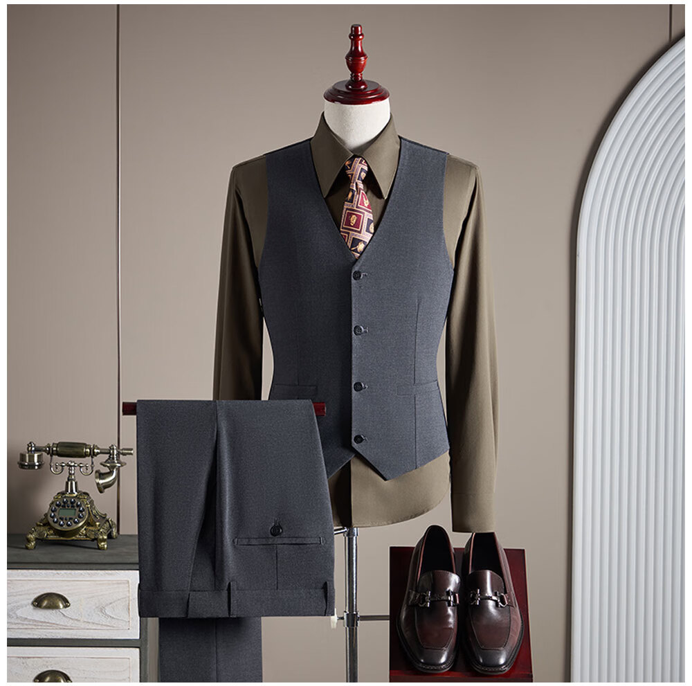 ROMON Men's Business Suit Set Blazer + Vest + Trousers Light Gray XL 18