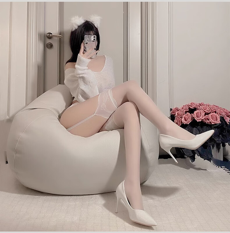 LangSha Thigh-High Stockings for Women, Thin Lace Over-Knee Socks, Goddess Day Gift, Sexy Crotchless White Silk Battle Robe 11