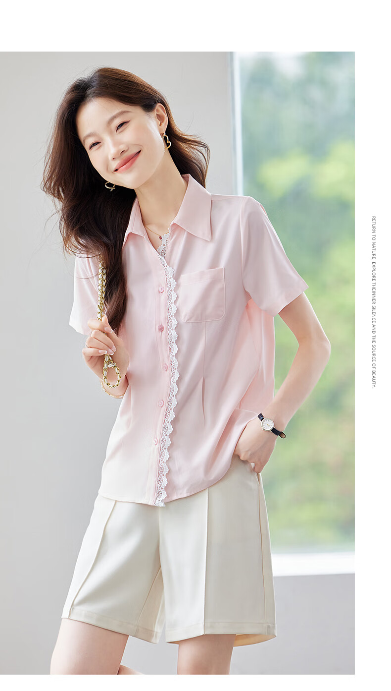 Jeanswest Women's Short Sleeve Shirt 2026 Summer Korean Style Lace Trim Lapel Waist Slimming High-End Pink M 14