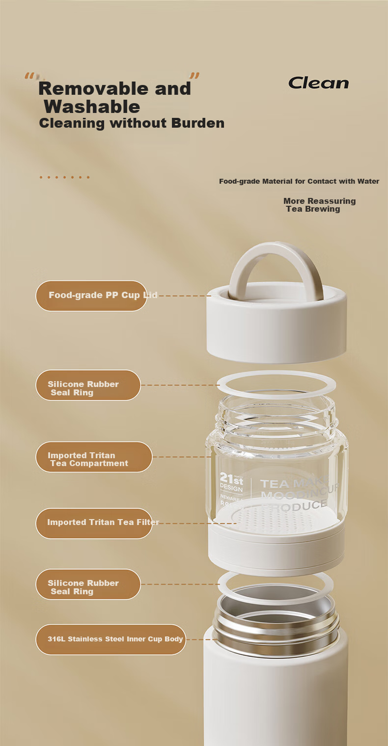 RELEA Insulated Water Bottle Unisex Tea Separation Cup Large Capacity 316L Stainless Steel Independent Tea Compartment Brewing Cup Floral Tea Mug 14
