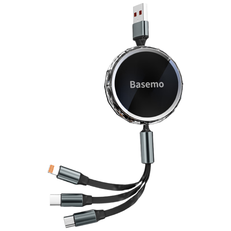Beimo Three-In Retractable Data Cable, Compatible with Apple Android Type-C, Fast Charging Car Charger for IPhone 18/17 Pro Max, Huawei/Xiaomi Phones, 1.2 Meters Black