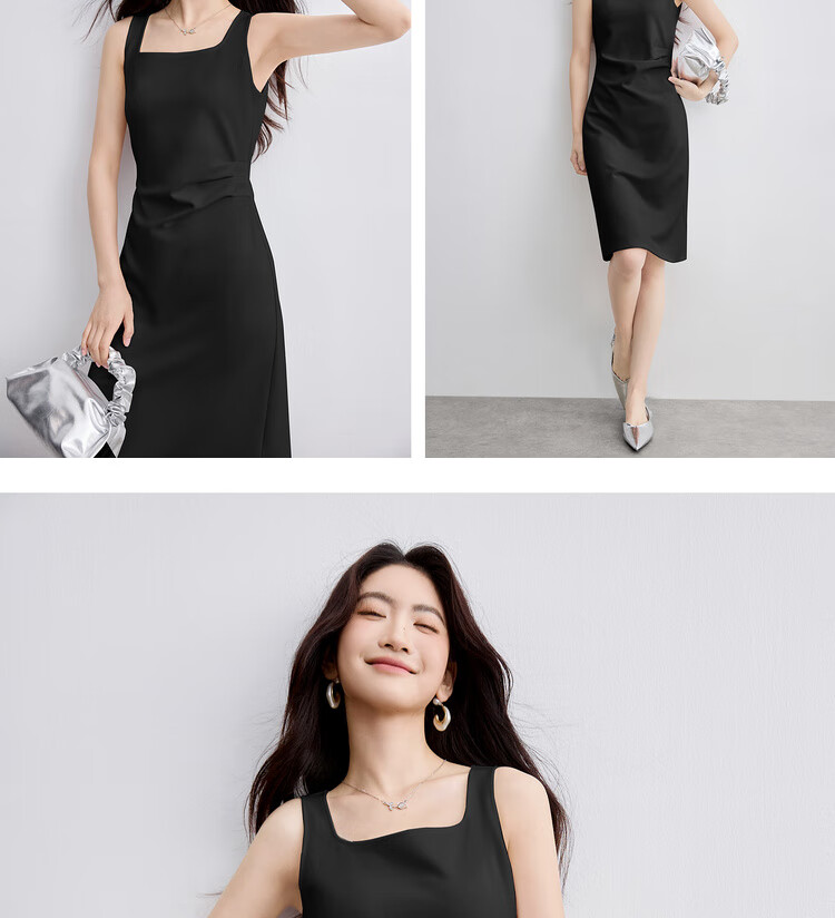 Sentubila Petite Black Square Neck Spaghetti Strap Dress for Women, Summer Elegant Slimming Dress, Concealing Body Shape, Elegant Mid-Length Dress 23