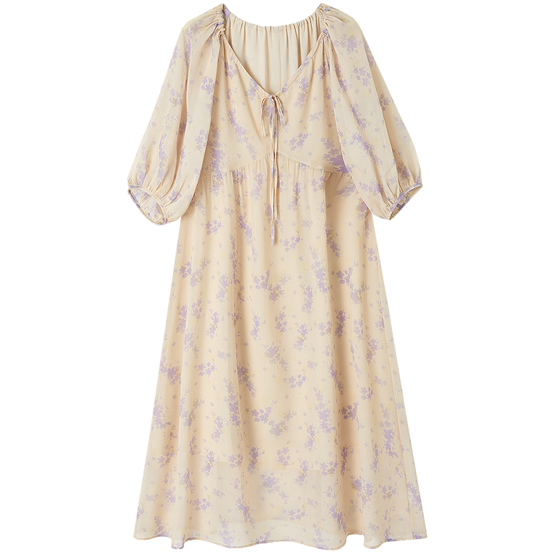 Demana "Human Elegance" Summer Lightweight 75D Chiffon Beaded Floral V-Neck Drawstring Puff Sleeve Women's Dress