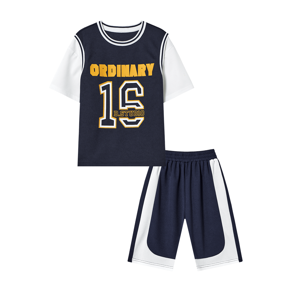 Duoduojia Boys' Sports Mesh Set, Summer Children's Fake Two-Piece Short-Sleeve Pants, Fashionable And Cool Basketball Outfit for Older Kids