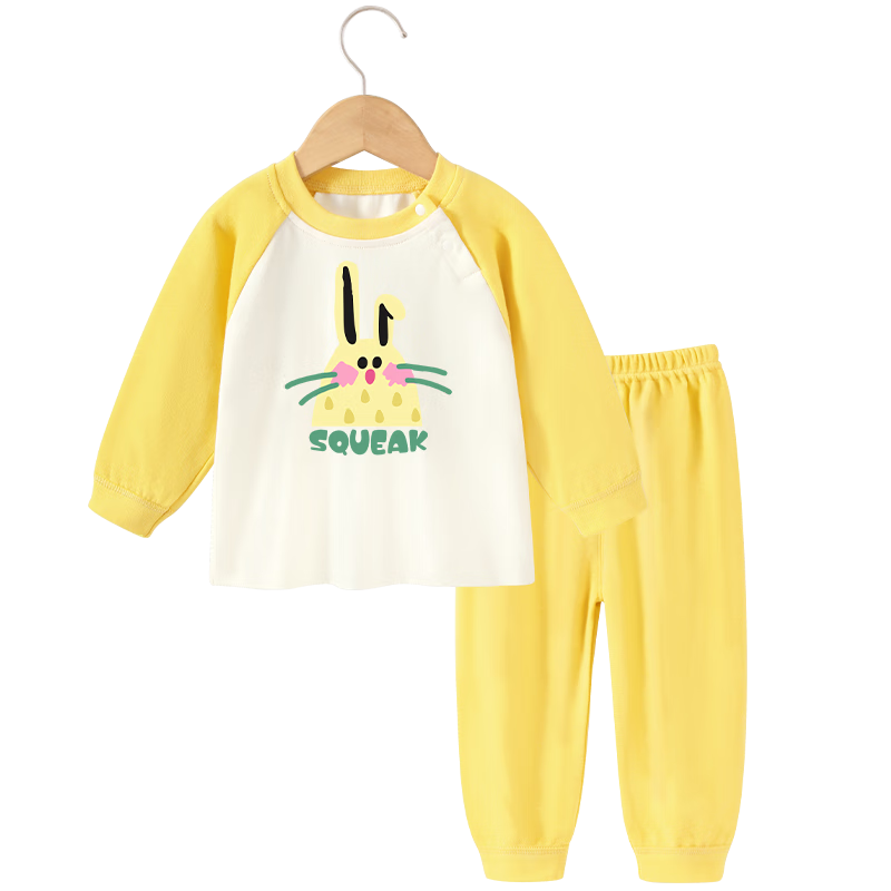 Badi Badi Baby Toddler Pure Cotton Autumn Thermal Underwear Set Unisex Sleepwear Yellow Shy Little Rabbit 100