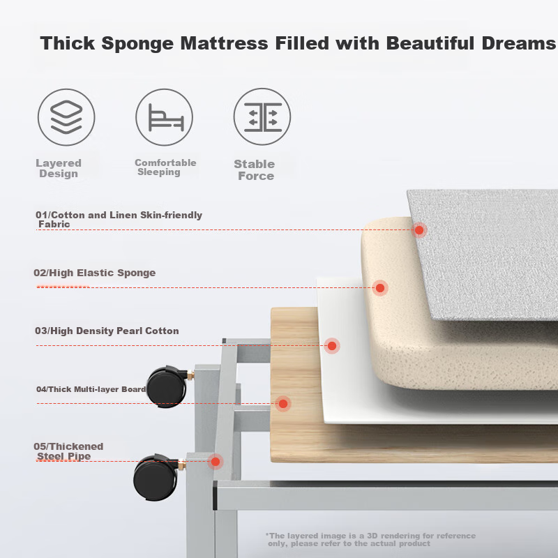 Restar Folding Bed, Single Nap Bed for Office, Portable Wooden Accompanying Bed, Foam Bed with Built-In Pillow, 70cm