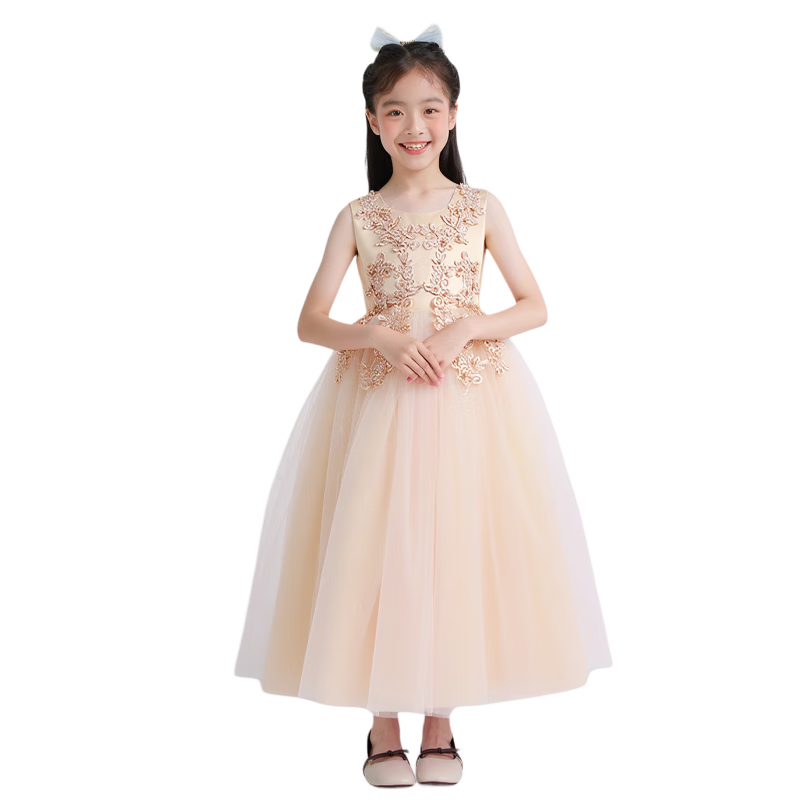 LUOBOBEIBEI Children's Summer Princess Dress, Tulle Gauze Formal Dress, Long Piano Performance Dress for Girls, Champagne Color, Size 150