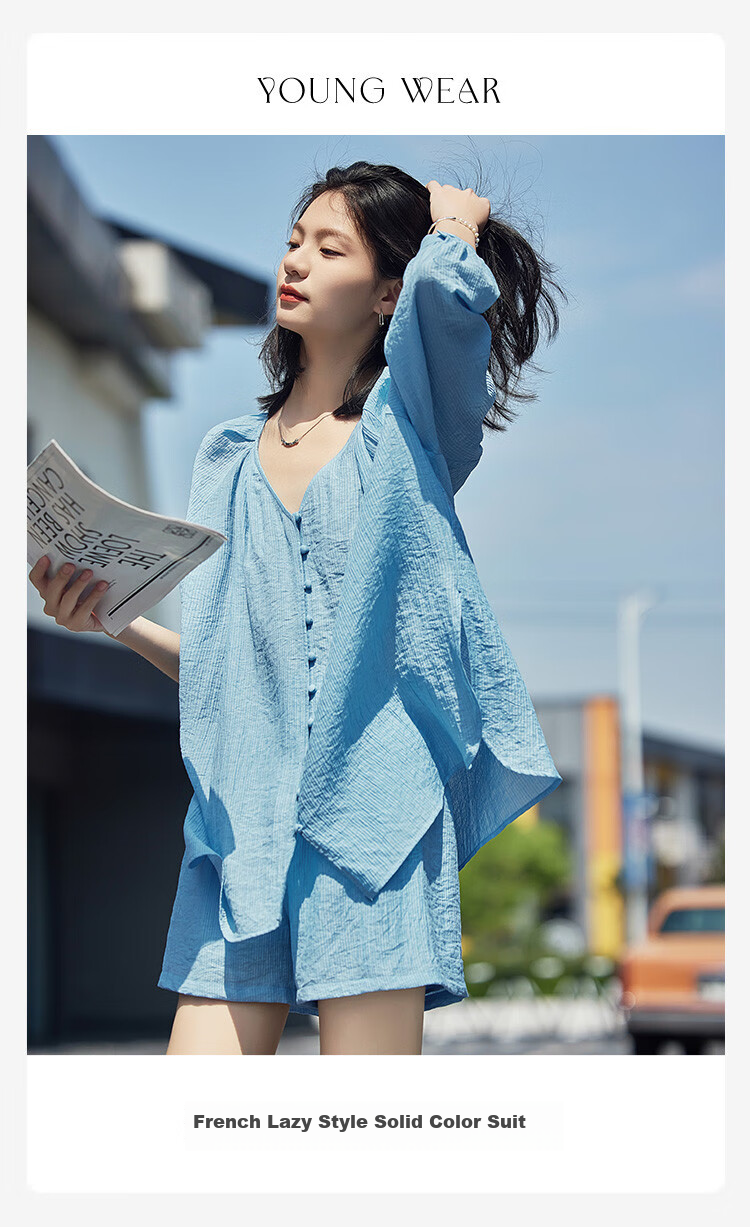 Dme [Cool Two-Piece Set], Summer V-Neck Mid-Sleeve Shirt Top And Shorts Set for Wome 3