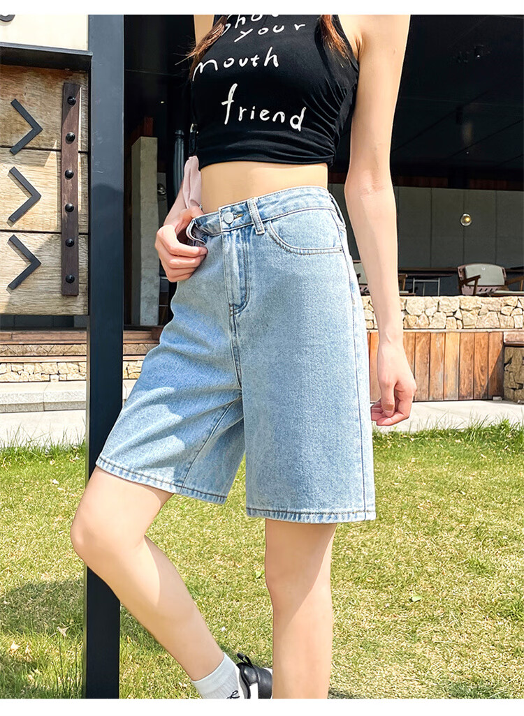 Jeanswest Women's High-Waist Five-Point Summer Loose Straight-Leg A-Line Petite Mid-Length Denim Shorts Dark Blue 25 17